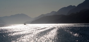 A passing boat throws early morning sun sparkles on Knight Inlet.